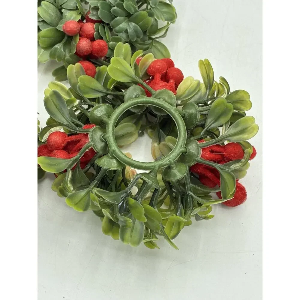 Set of 3 Christmas Candle Rings Boxwood Greenery Red Berry Holiday 4 Inch
